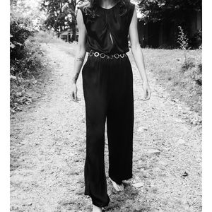 Zara Black Satin Jumpsuit with Gold Belt